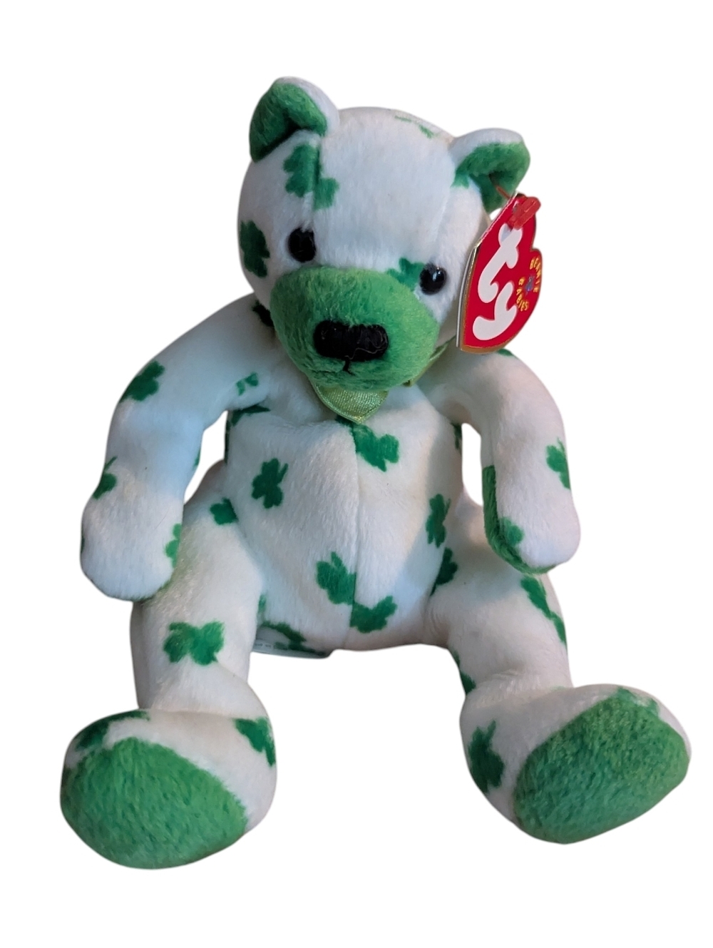 Ty Beanie Baby “Clover” Bear 🍀 Retired White Bear w/ Green Clovers Plush